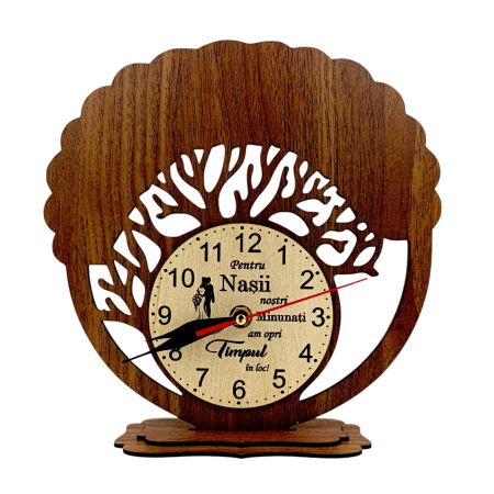 Ceas Copacul Vietii - Blank, decoratiune Copac cu ceas din lemn pentru Nasi/Nasa/Nas, cu mesaj gravat - Nuc