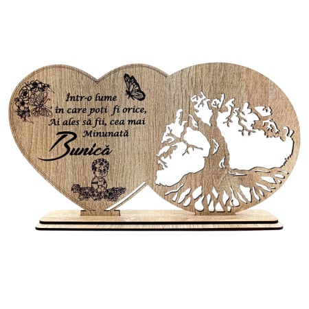 Cadouri Bunica - Cadou Personalizat din Lemn pentru Bunica – Inimă si Copac, 30x16 cm