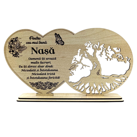 Cadouri Nasa - Cadou Personalizat din Lemn pentru  Nasa – Inimă si Copac, 30x16 cm