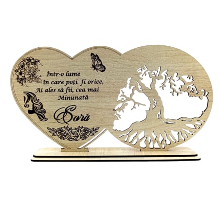 Cadouri Personalizabile - Cadou Personalizat din Lemn pentru Sora  – Inimă si Copac, 30x16 cm