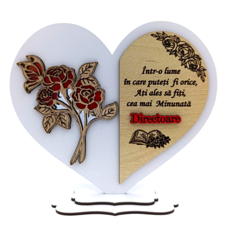 Directoare - Cadou personalizat Inima cu trandafir pentru Directoare, model 1, alb