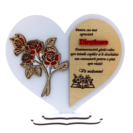 Directoare - Cadou personalizat Inima cu trandafir pentru Directoare, model 2, alb