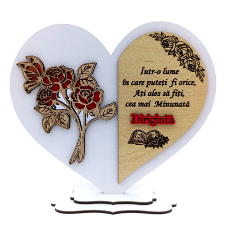 Cadouri Diriginta - Cadou personalizat Inima cu trandafir pentru Diriginta, model 1, alb