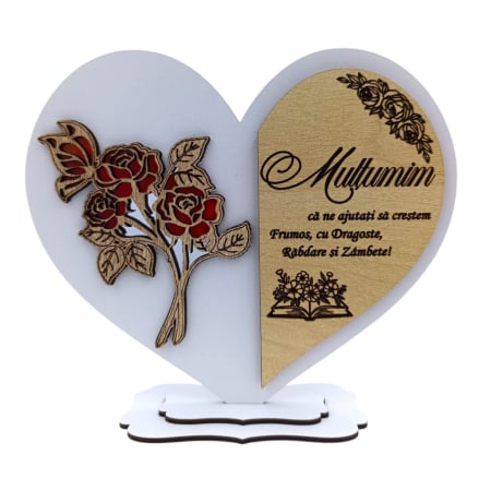 Cadouri Profesor - Cadou personalizat pentru Profesori - inima cu trandafiri si mesaj personalizat – 15 cm - Alb