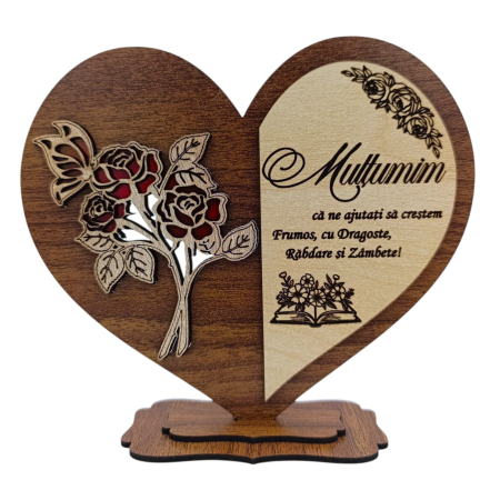 Cadouri Profesor - Cadou personalizat pentru Profesori - inima cu trandafiri si mesaj personalizat – 15 cm - Nuc
