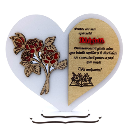 Cadouri Diriginta - Cadou personalizat Inima cu trandafir pentru Diriginta, model 2, alb