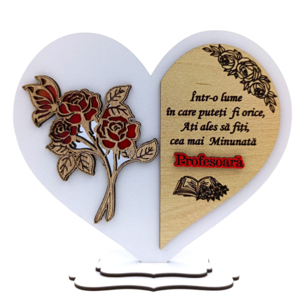 Cadouri Profesoara - Cadou personalizat Inima cu trandafir pentru Profesoara, model 1, alb