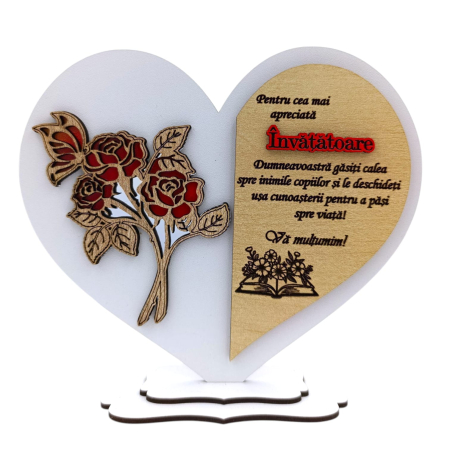 Cadouri Invatatoare - Cadou personalizat Inima cu trandafir pentru Invatatoare, model 2, alb