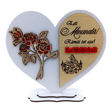 Ceas stil Bonsai - Cadou personalizat pentru Familie/Prieteni - inima cu trandafiri si mesaj personalizat – 15 cm