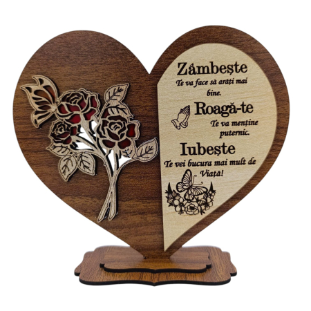Cadouri Bunici - Cadou pentru Familie "Zambeste.." - Inima cu trandafiri, nuc