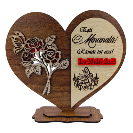 Decoratiuni Ocazie - Cadou pentru Sotie "Esti minunata!" - Inima cu trandafiri, nuc