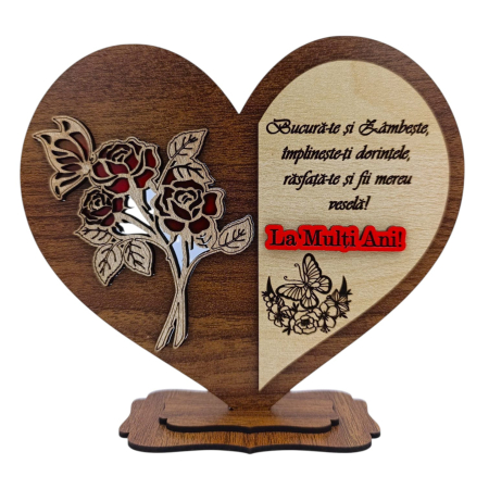Decoratiuni Ocazie - Cadou pentru Familie "Bucura-te..." - Inima cu trandafiri, nuc