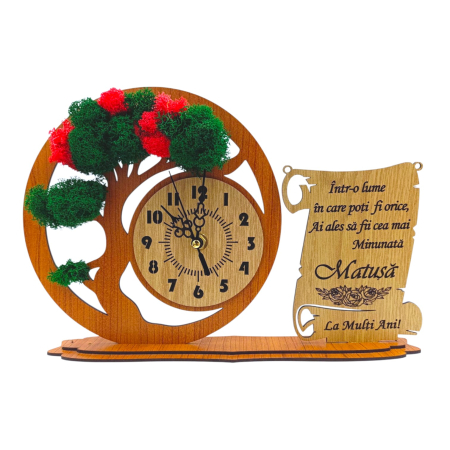Cadouri Mama - Ceas bonsai cu licheni naturali si mesaj pentru Familie/Prieteni/Sotie 30x20 cm, cadou personalizat - Cires