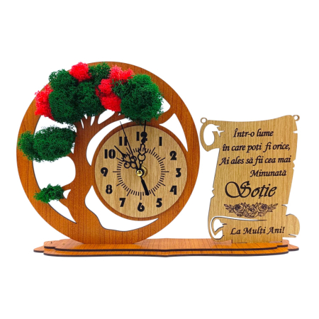 Ceas stil Bonsai - Ceas bonsai cu licheni  si mesaj pentru Sotie, cires, model 2