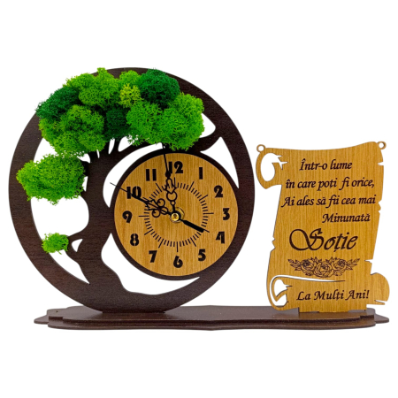 Cadouri Sotie - Ceas bonsai cu licheni  si mesaj pentru Sotie, wenge, model 2