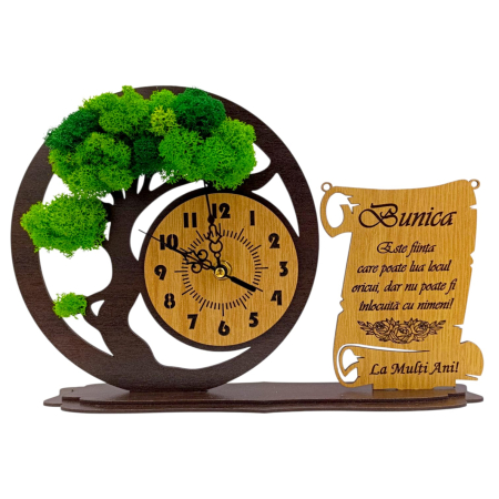 Cadouri Matusa - Ceas bonsai cu licheni  si mesaj pentru Bunica, wenge