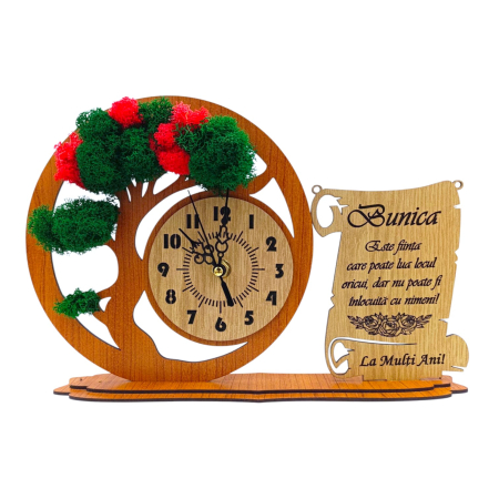 Ceas stil Bonsai - Ceas bonsai cu licheni  si mesaj pentru Bunica, cires