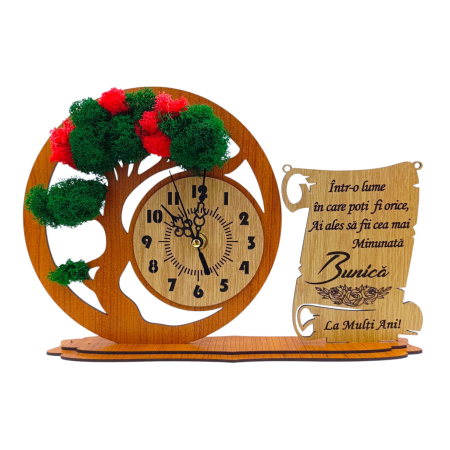 Ceas stil Bonsai - Ceas bonsai cu licheni  si mesaj pentru Bunica, model 2, cires
