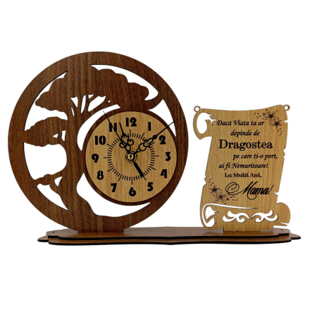 Cadouri Sot - Ceas bonsai din lemn cu mesaj pentru Familie/Prieteni/Sotie 30x20 cm, cadou personalizat,Nuc