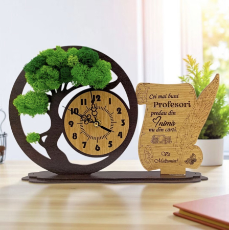 Ceas bonsai din lemn cu licheni stabilizați și mesaj pentru profesori, 30 × 20 cm [1]