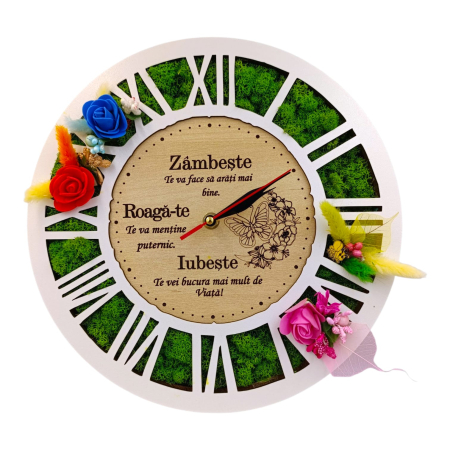 Ceasuri de Perete - Ceas de perete cu licheni, cadou personalizat cu mesaj pentru Familie "Zambeste...", alb