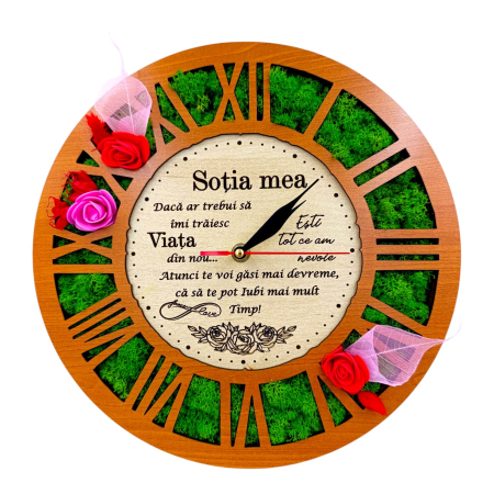 Cadouri Sotie - Ceas de perete cu licheni, cadou personalizat cu mesaj pentru Sotie, cires