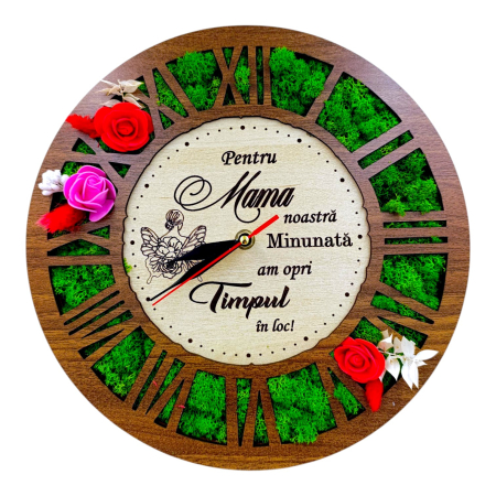 Ceasuri de Perete - Ceas de perete cu licheni, cadou personalizat cu mesaj pentru Mama, nuc