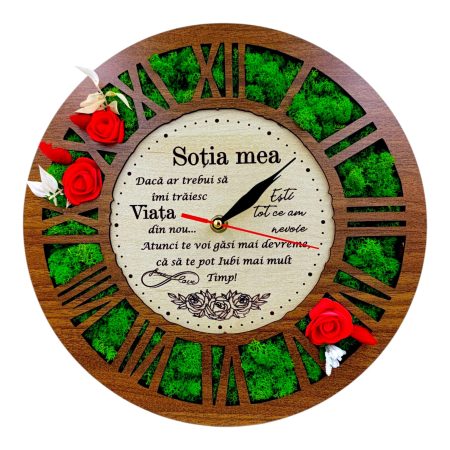 Cadouri Sotie - Ceas de perete cu licheni, cadou personalizat cu mesaj pentru Sotie, nuc