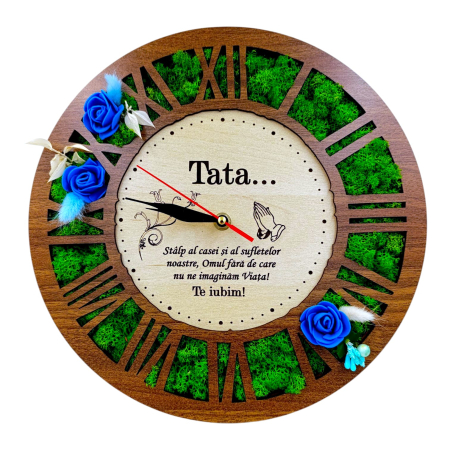 Cadouri Frate - Ceas de perete cu licheni, cadou personalizat cu mesaj pentru Familie/Prieteni/Parinti, 30-40 cm, Nuc