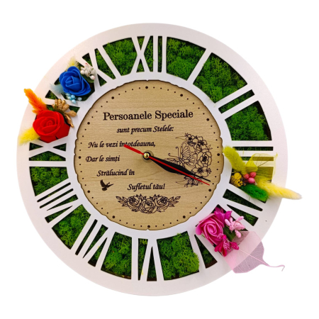 Ceasuri de Perete - Ceas de perete cu licheni, cadou personalizat cu mesaj pentru Persoanele Speciale, alb