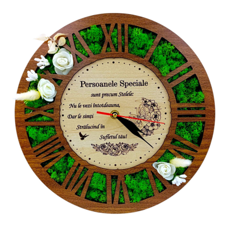 Ceasuri de Perete - Ceas de perete cu licheni, cadou personalizat cu mesaj pentru Persoanele Speciale, nuc