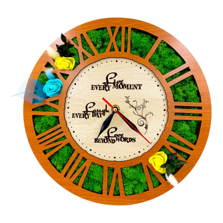 Ceasuri de Perete - Ceas de perete cu licheni, cadou personalizat cu mesaj pentru Familie "Live Every Moment...", cires