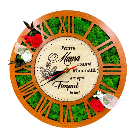 Cadouri Frate - Ceas de perete cu licheni, cadou personalizat cu mesaj pentru Familie/Prieteni/Parinti, 30-40 cm, Cires