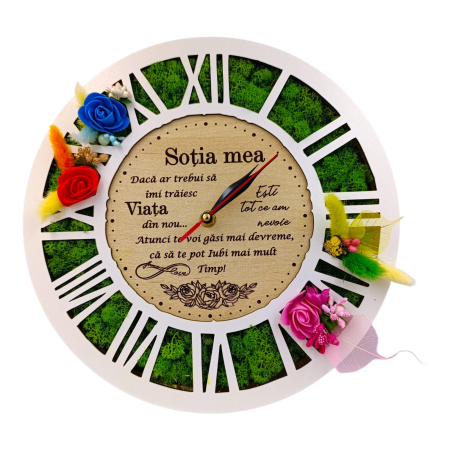 Cadouri Sotie - Ceas de perete cu licheni, cadou personalizat cu mesaj pentru Sotie, alb