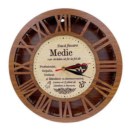 Ceasuri din Lemn - Ceas de perete, cadou personalizat cu mesaj pentru Medic, nuc