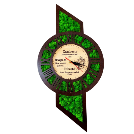 Ceasuri de Perete - Ceas de perete cu licheni, cadou personalizat cu mesaj pentru Familie "Zambeste...", wenge