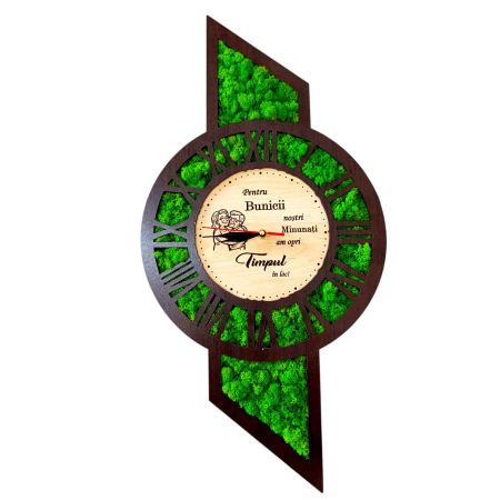 Cadouri Bunici - Ceas de perete cu licheni, cadou personalizat cu mesaj pentru Bunici, wenge