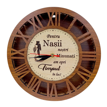 Cadouri pentru Nunta - Ceas de perete  personalizat cu mesaj, cadou pentru Nași, Nuntă sau Botez, 30-40 cm - Nuc