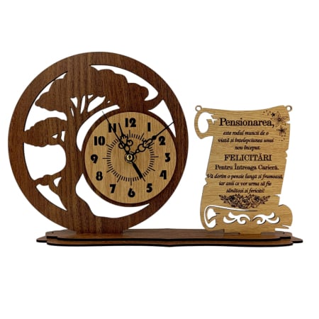 Cadouri Diriginta - Ceas Bonsai din Lemn Personalizat – Cadou pentru Pensionar sau Pensionară, 30x20cm - Nuc