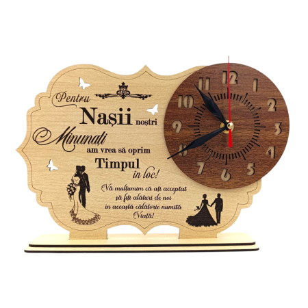 Ceasuri din Lemn - Ceas din Lemn Personalizat – Cadou  pentru Nași de Nuntă sau Botez, 30x20cm - Crem