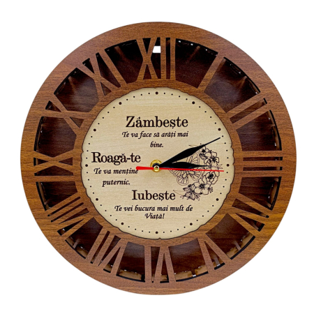 Ceasuri din Lemn - Ceas de perete, cadou personalizat cu mesaj pentru Familie "Zambeste...", nuc