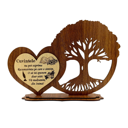 Cadouri Profesor - Decoratiune blank din lemn pentru Profesor/Profesoara/Pensionar/Pensionara, Inima si copacul vietii , 30x16 cm - Nuc