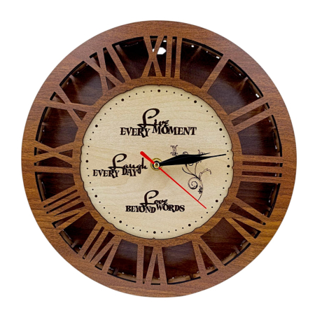Ceasuri din Lemn - Ceas de perete, cadou personalizat cu mesaj pentru Familie "Live Every Moment...", nuc