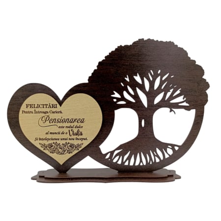Cadouri Profesor - Decoratiune blank din lemn pentru Profesor/Profesoara/Pensionar/Pensionara, Inima si copacul vietii , 30x16 cm - Wenge