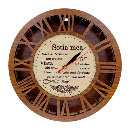 Cadouri Sotie - Ceas de perete, cadou personalizat cu mesaj pentru Sotie, nuc