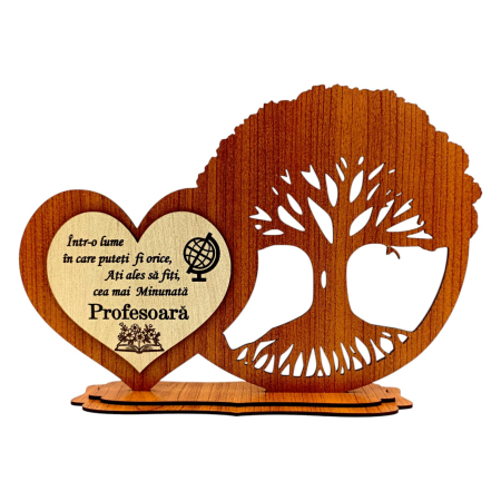 Cadouri Profesor - Decoratiune blank din lemn pentru Profesor/Profesoara/Pensionar/Pensionara, Inima si copacul vietii , 30x16 cm - Cires