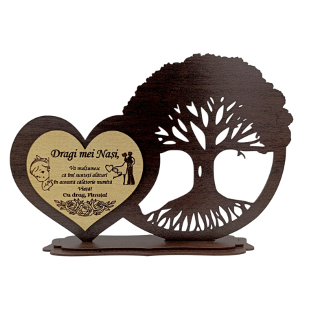 Cadouri pentru Nunta - Decoratiune blank din lemn pentru Nasi/Fini/Botez, Inima si copacul vietii , 30x16 cm