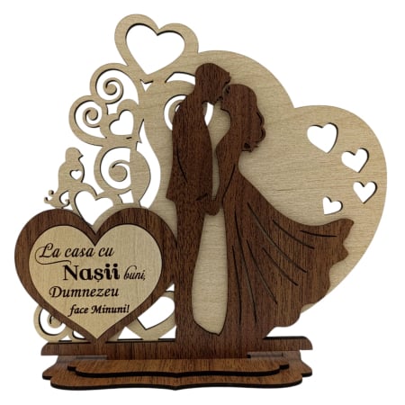 Cadouri Sot - Decoratiune  din lemn pentru Nunta/Nasi/Sotie/Sot – Silueta miri si inima cu mesaj gravat – 22 cm
