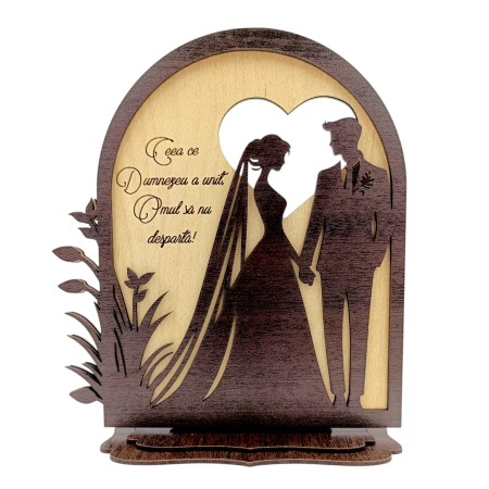 Cadouri Sot - Decoratiune din lemn pentru nunta – Silueta miri si mesaj - Wenge