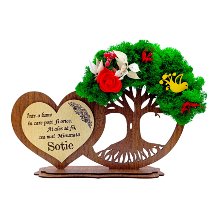 Cadouri Sotie - Decoratiune inima copac cu licheni, cadou personalizat pentru Sotie, model 2